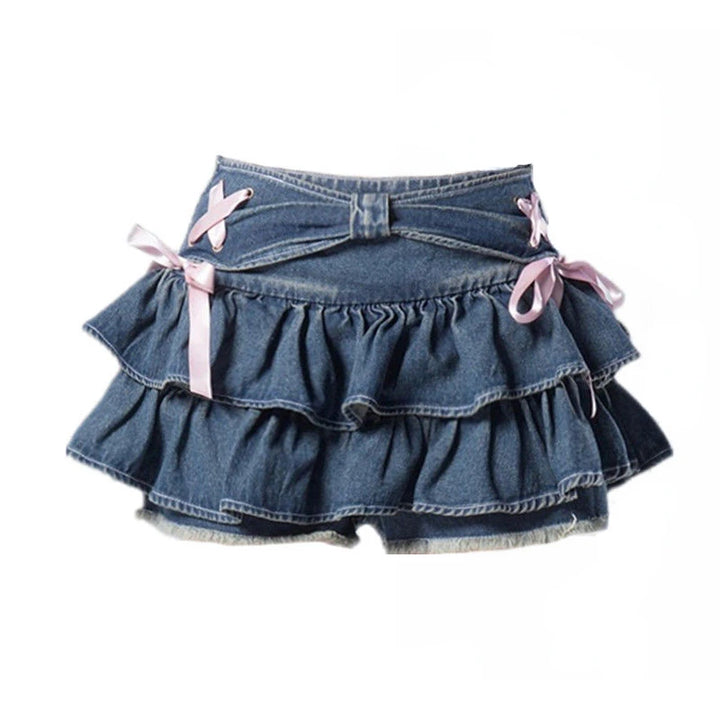 Laila Bow Tie Ruffle Denim Mini Skirt